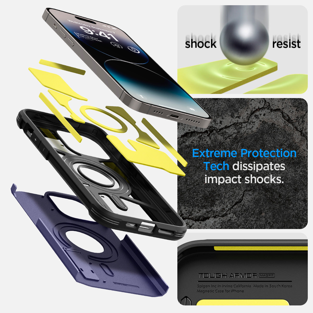 ACS05576 - iPhone 14 Pro Max Case Tough Armor (MagFit) in deep purple showing shock resist. Extreme protection tech dissipates impact shocks.