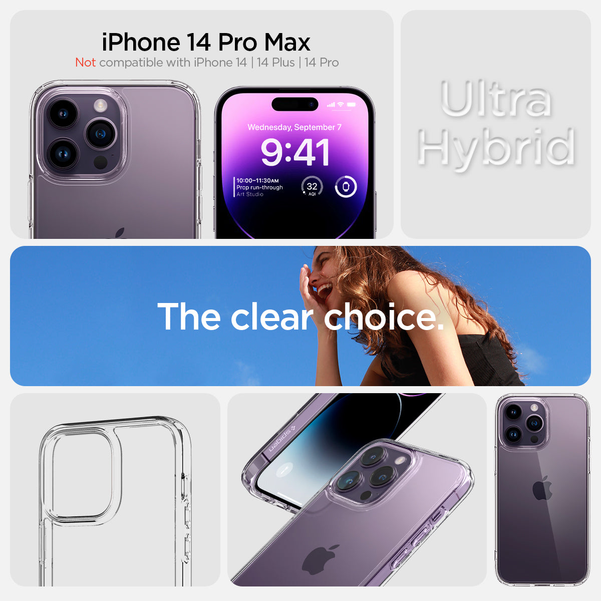 ACS04816 - iPhone 14 Pro Max Case Ultra Hybrid in crystal clear showing the compatibility