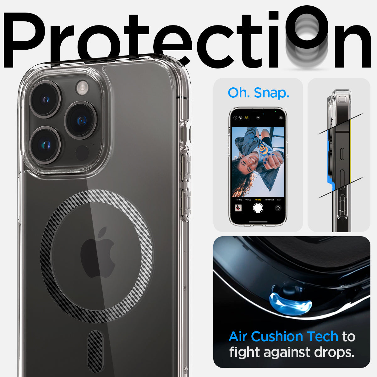 ACS04827 - iPhone 14 Pro Max Case Ultra Hybrid (MagFit) in carbon fiber showing protection. oh snap. Air cushion tech to fight against drops.