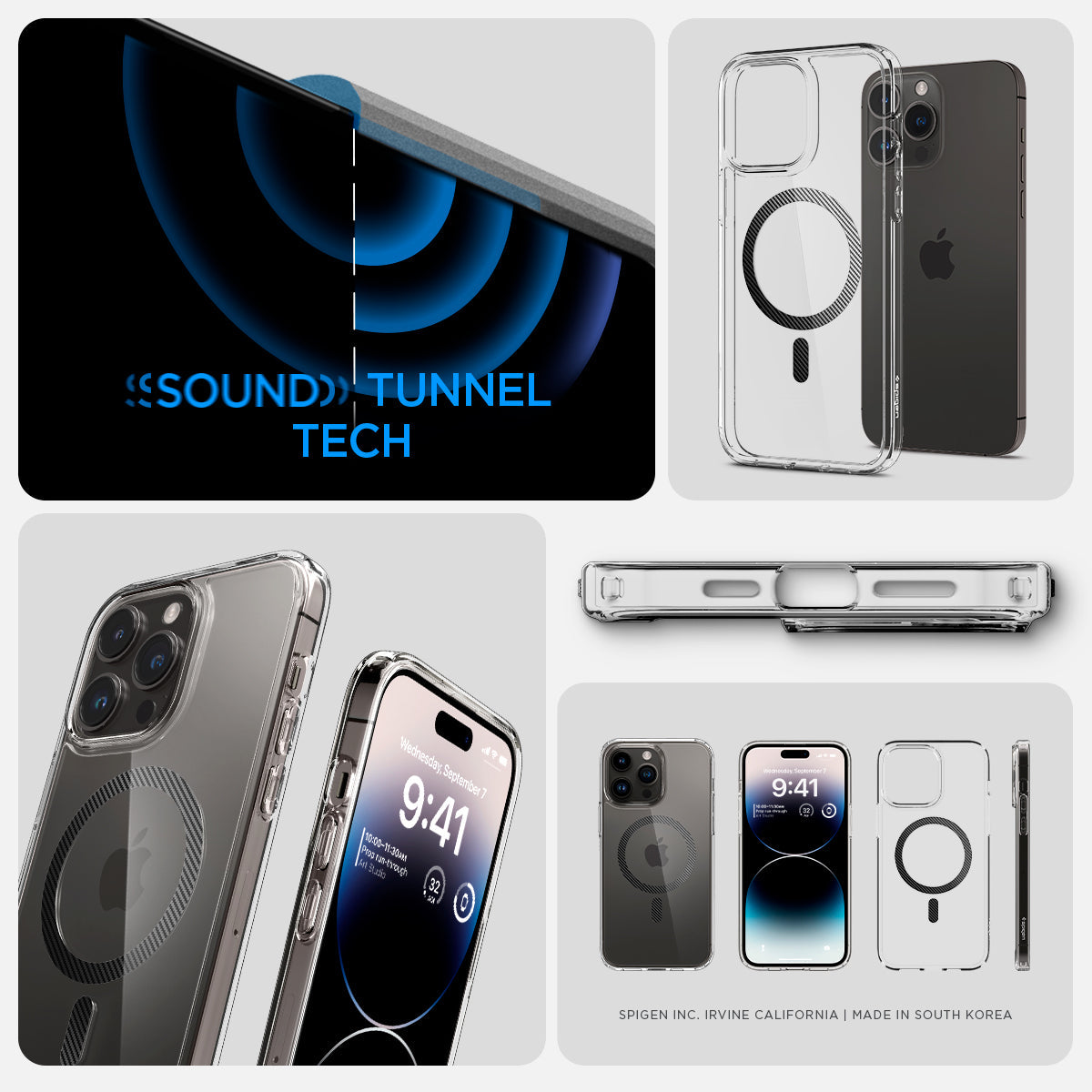ACS04827 - iPhone 14 Pro Max Case Ultra Hybrid (MagFit) in carbon fiber showing sound tunnel tech.