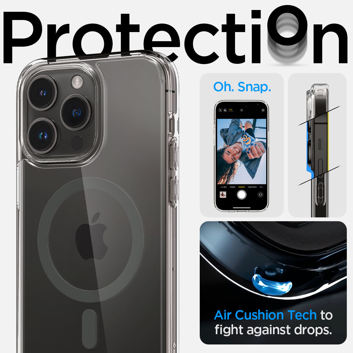 ACS04826 - iPhone 14 Pro Max Case Ultra Hybrid (MagFit) in graphite showing protection. oh snap. Air cushion tech to fight against drops.