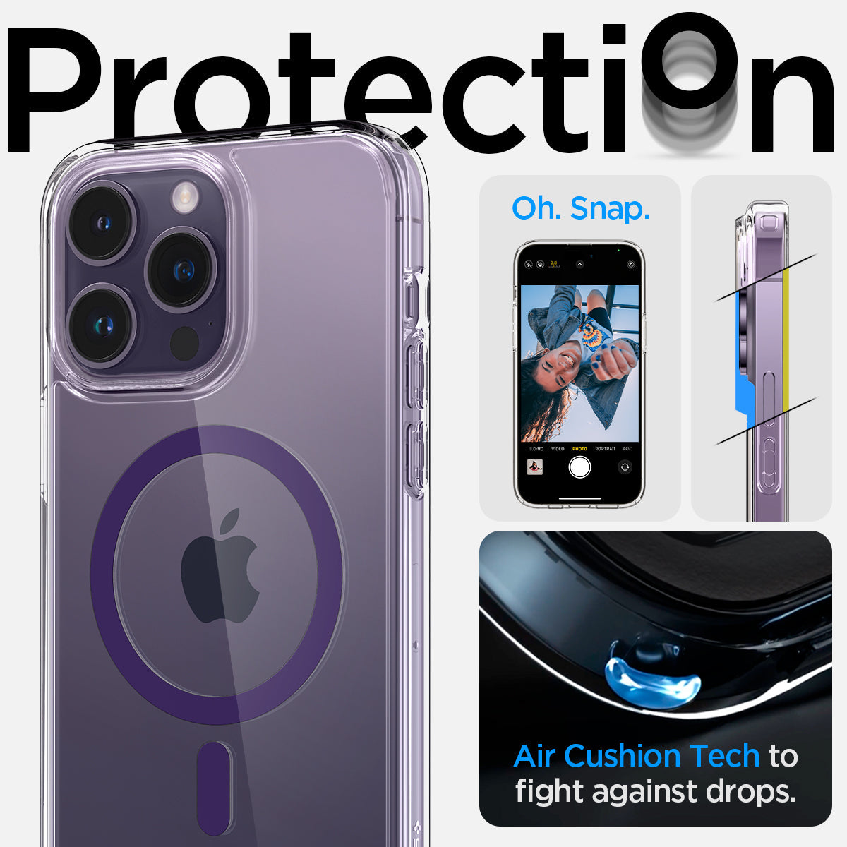 ACS05581 - iPhone 14 Pro Max Case Ultra Hybrid (MagFit) in deep purple showing protection. oh snap. Air cushion tech to fight against drops.