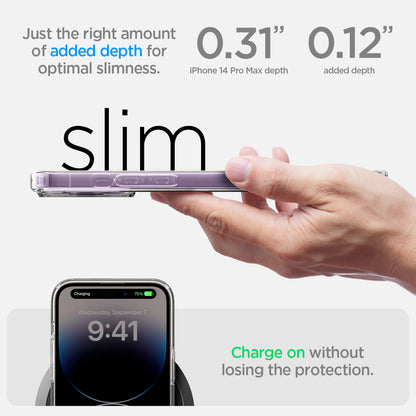 ACS05581 - iPhone 14 Pro Max Case Ultra Hybrid (MagFit) in deep purple showing just right amount of added depth for optimal slimness. charge on without losing the protection.
