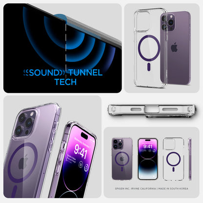 ACS05581 - iPhone 14 Pro Max Case Ultra Hybrid (MagFit) in deep purple showing sound tunnel tech.