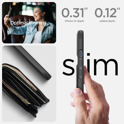 ACS05058 - iPhone 14 Case Slim Armor CS in black showing optimal slimness. 0.31" iPhone 14 plus depth, 0.12" added depth. slim.