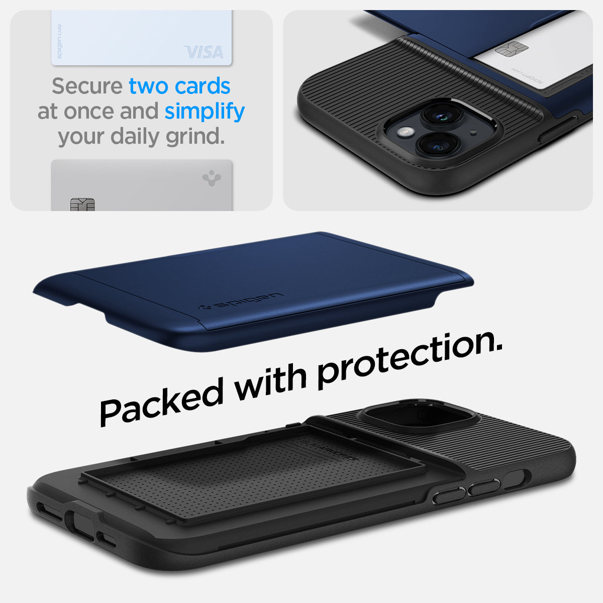 ACS05060 - iPhone 14 Case Slim Armor CS in navy blue showing the back showing secure two cards at once and simplify your daily grind. Packed with protection.