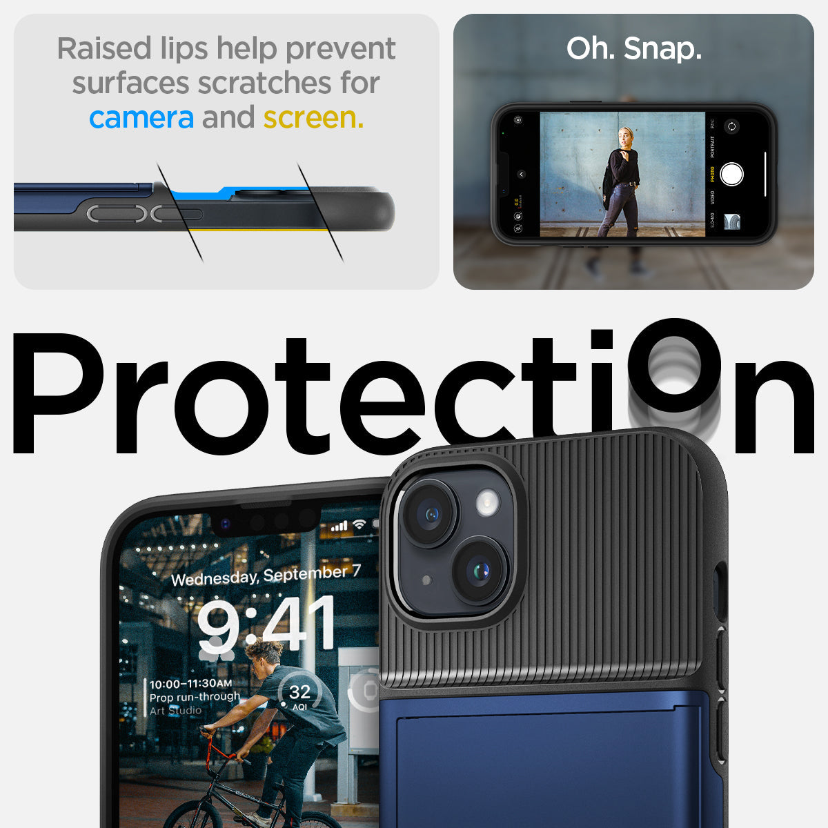 ACS05060 - iPhone 14 Case Slim Armor CS in navy blue showing protection Oh, snap. Raised lips help prevent surfaces scratches for camera and screen.