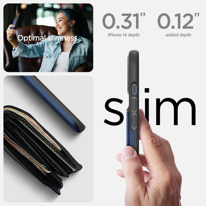 ACS05060 - iPhone 14 Case Slim Armor CS in navy blue showing optimal slimness. 0.31" iPhone 14 plus depth, 0.12" added depth. slim.