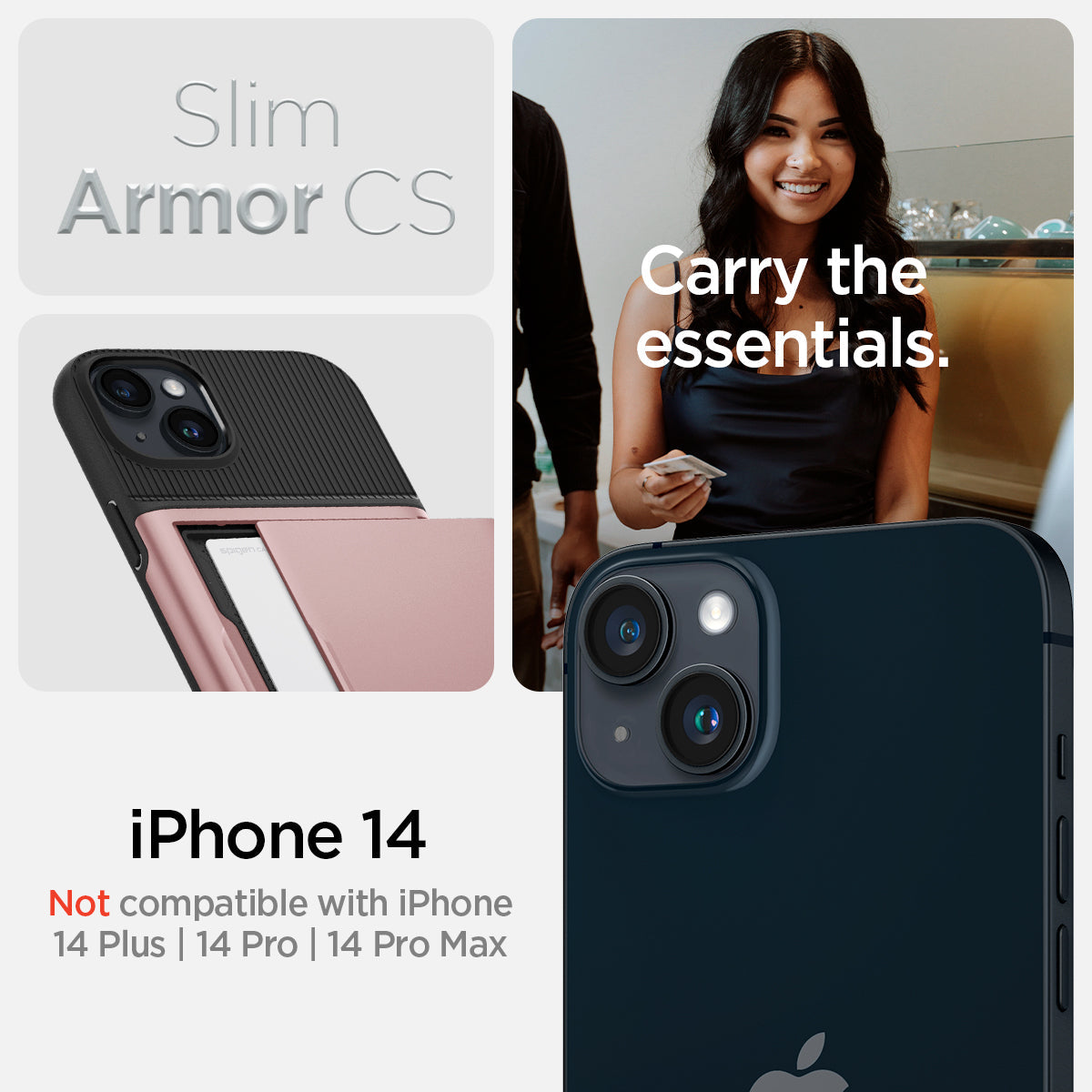 ACS05059 - iPhone 14 Case Slim Armor CS in rose gold showing slim armor cs. carry the essentials. iPhone 14 plus. Not compatible with iPhone 14, 14 pro, 14 pro max.