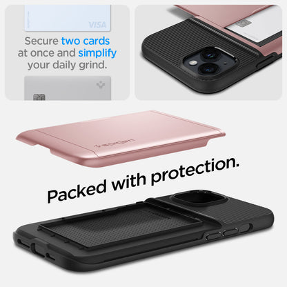 ACS05059 - iPhone 14 Case Slim Armor CS in rose gold showing the back showing secure two cards at once and simplify your daily grind. Packed with protection.