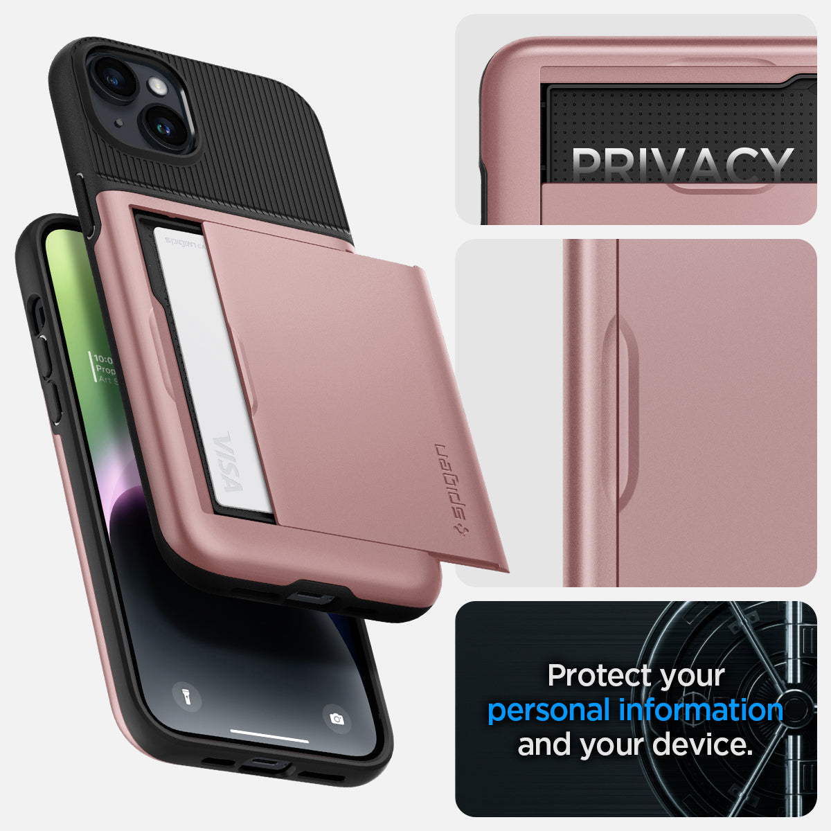 ACS05059 - iPhone 14 Case Slim Armor CS in rose gold showing privacy. protect your personal information and your device.