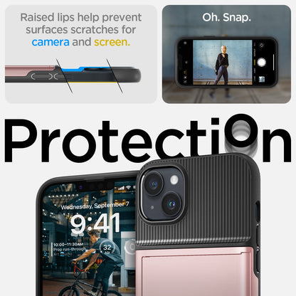 ACS05059 - iPhone 14 Case Slim Armor CS in rose gold showing protection Oh, snap. Raised lips help prevent surfaces scratches for camera and screen.