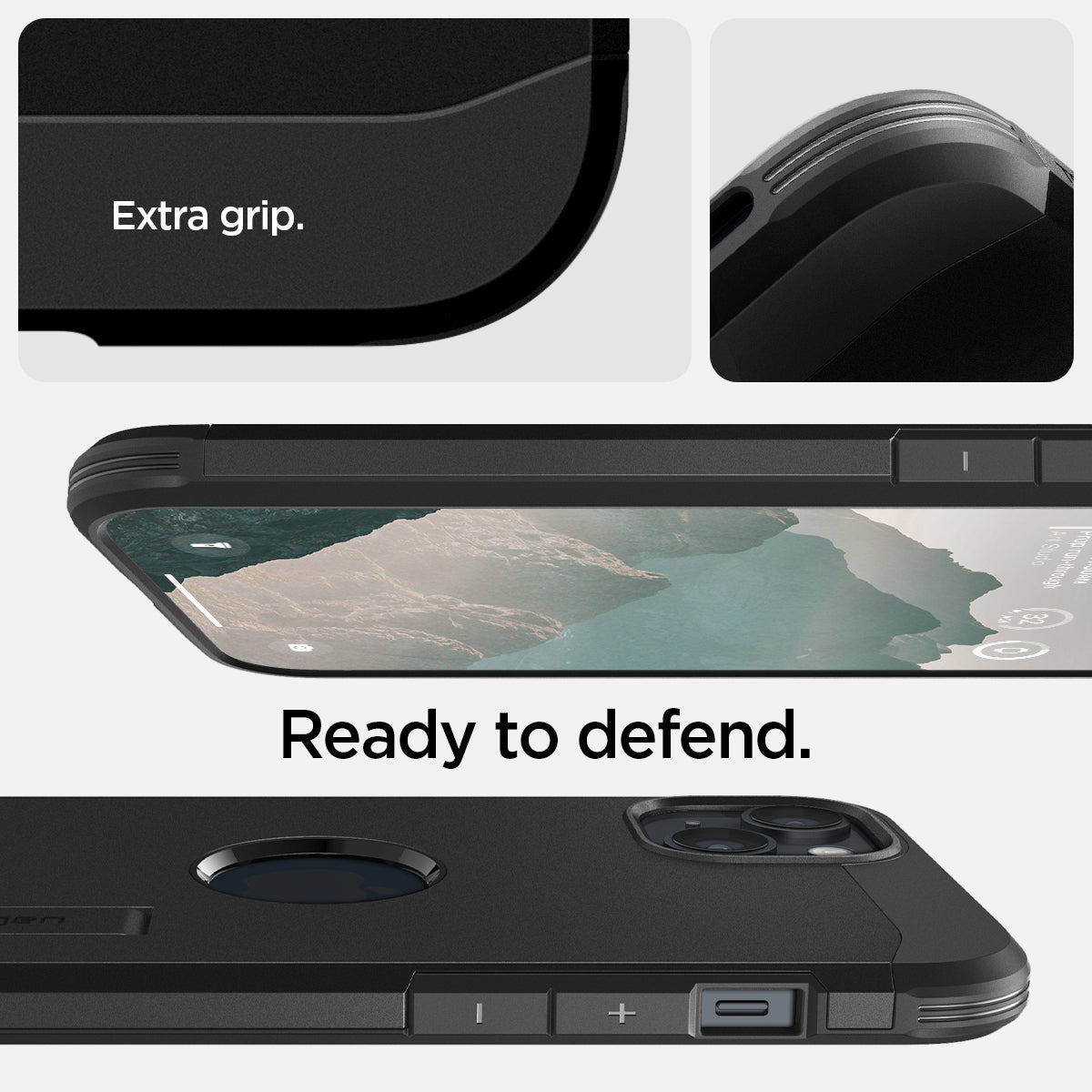 ACS05062 - iPhone 14 Case Tough Armor (MagFit) in black showing extra grip and ready to defend.