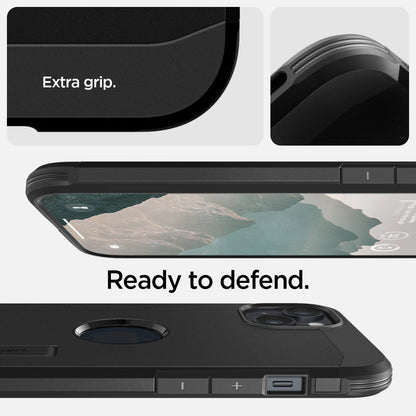 ACS05062 - iPhone 14 Case Tough Armor (MagFit) in black showing extra grip and ready to defend.