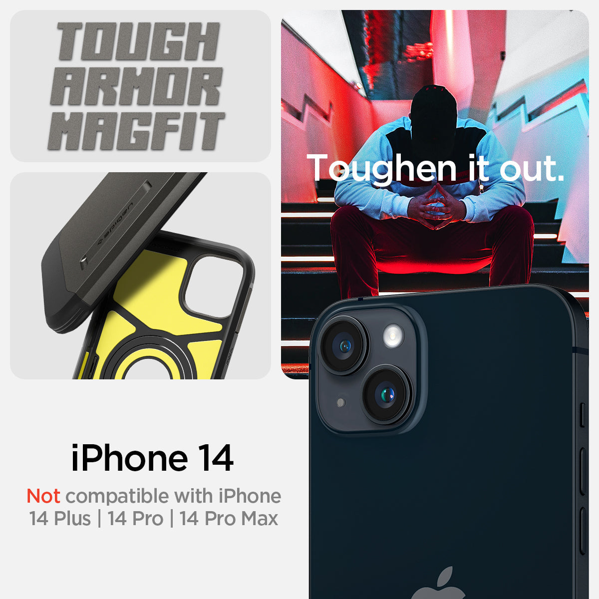 ACS05061 - iPhone 14 Case Tough Armor (MagFit) in gunmetal showing tough armor magfit. toughen it out. iPhone 14. Not compatible with iPhone 14 plus, 14 pro, 14 pro max.