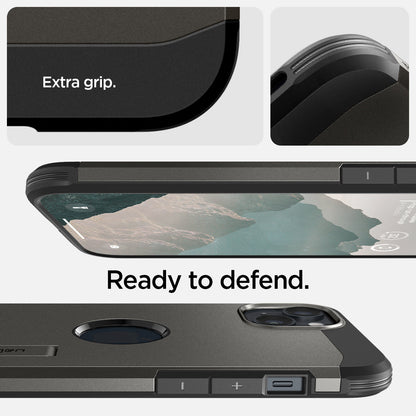ACS05061 - iPhone 14 Case Tough Armor (MagFit) in gunmetal showing extra grip and ready to defend.