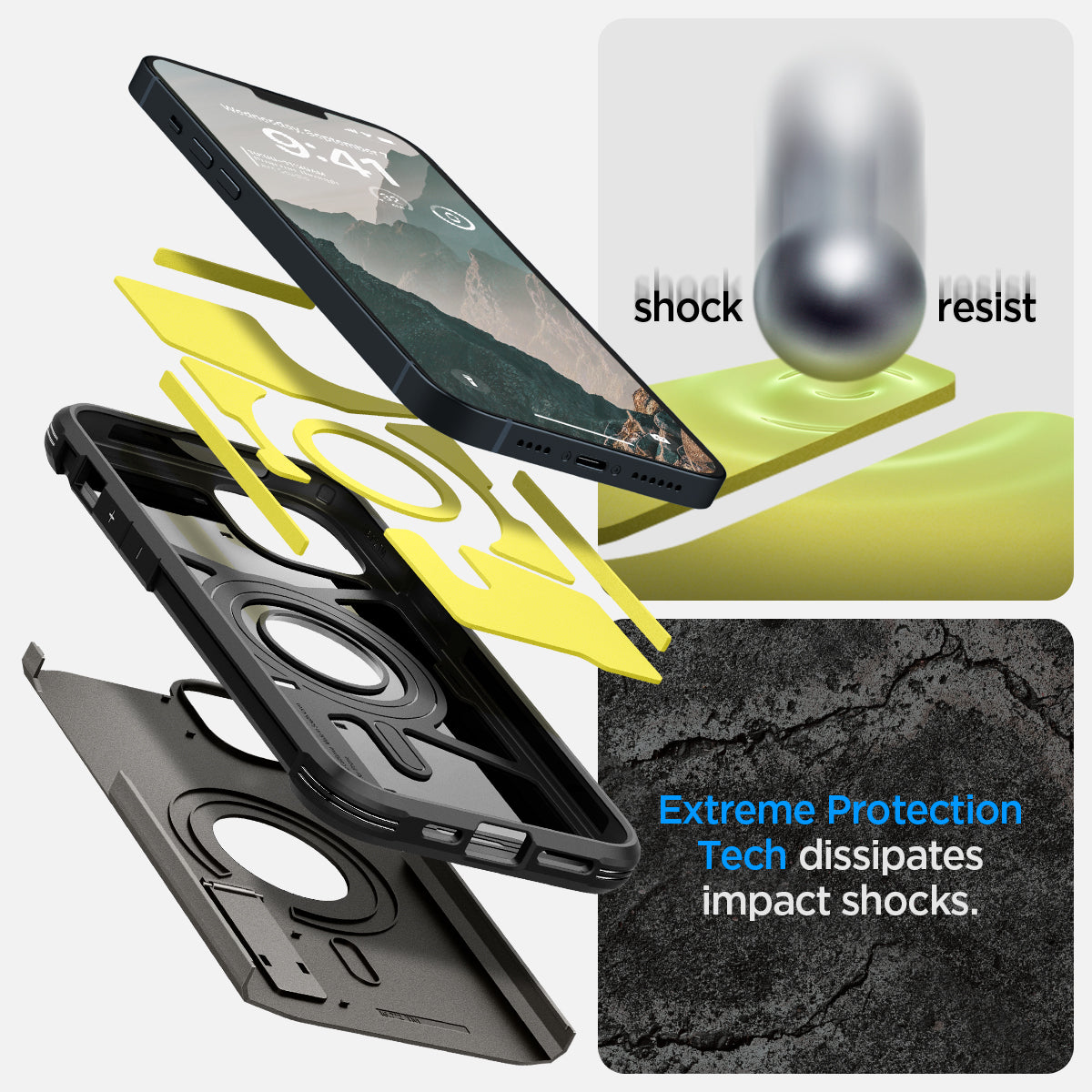 ACS05061 - iPhone 14 Case Tough Armor (MagFit) in gunmetal showing shock resist. Extreme protection tech dissipates impact shocks.