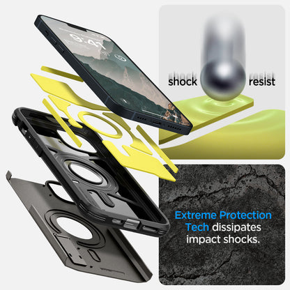 ACS05061 - iPhone 14 Case Tough Armor (MagFit) in gunmetal showing shock resist. Extreme protection tech dissipates impact shocks.