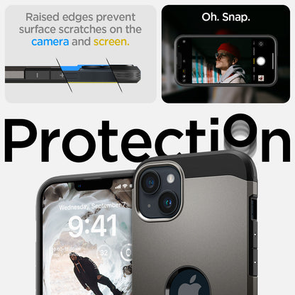 ACS05061 - iPhone 14 Case Tough Armor (MagFit) in gunmetal raised edges prevent surface scratches on the camera and screen. Protection.