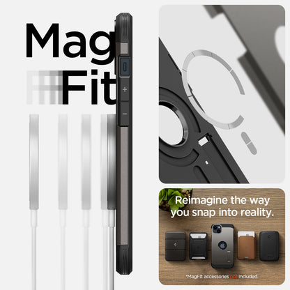 ACS05061 - iPhone 14 Case Tough Armor (MagFit) in gunmetal showing magfit. Reimagine the way you snap into reality.