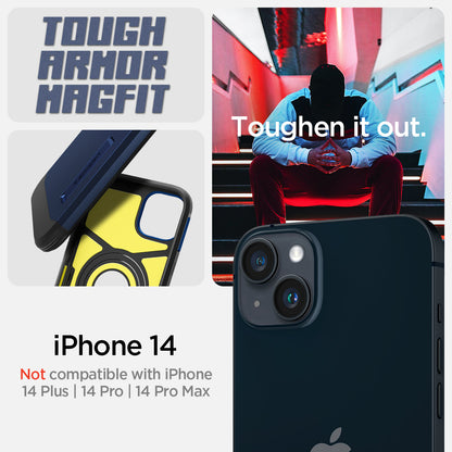 ACS05064 - iPhone 14 Case Tough Armor (MagFit) in navy blue showing tough armor magfit. toughen it out. iPhone 14. Not compatible with iPhone 14 plus, 14 pro, 14 pro max.
