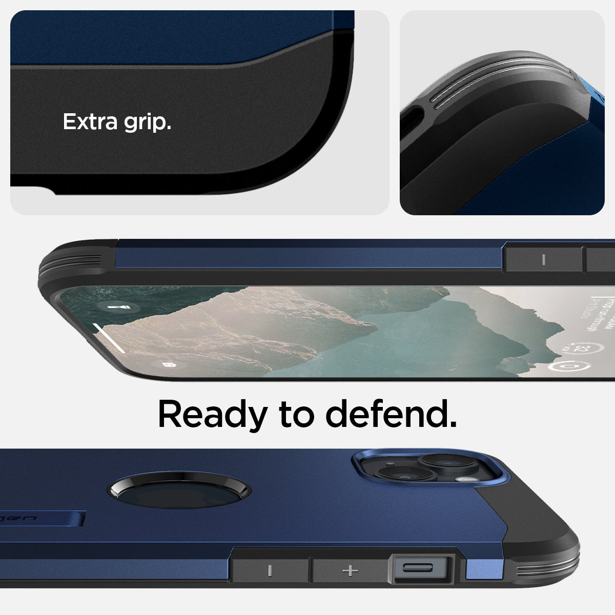 ACS05064 - iPhone 14 Case Tough Armor (MagFit) in navy blue showing extra grip and ready to defend.
