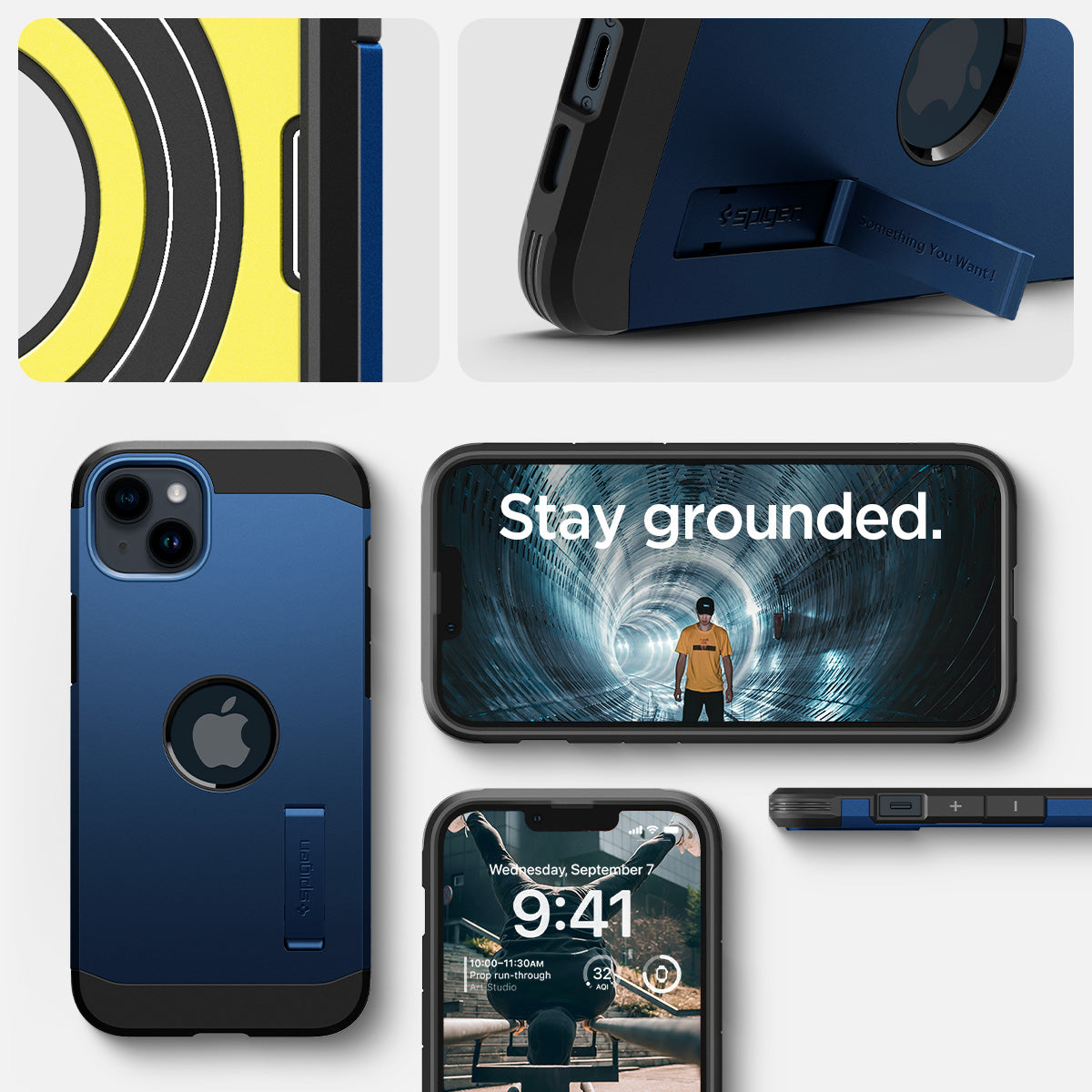 ACS05064 - iPhone 14 Case Tough Armor (MagFit) in navy blue showing stay grounded.