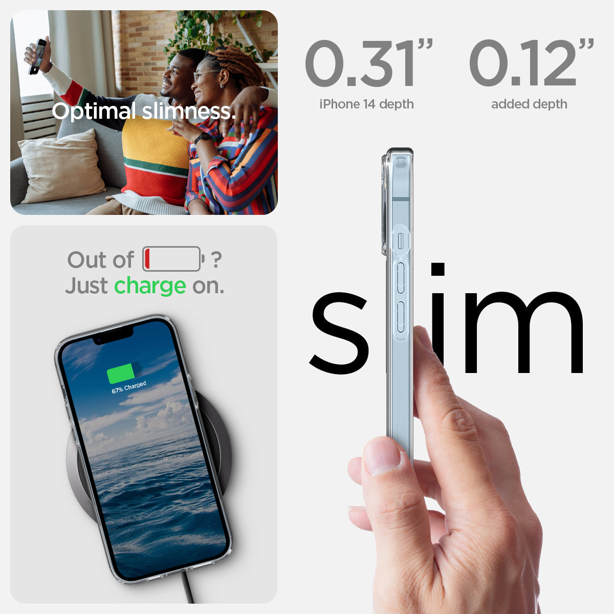 ACS05049 - iPhone 14 Case Ultra Hybrid (MagFit) in black showing optimal slimness. Out of battery? Just charge on. Slim