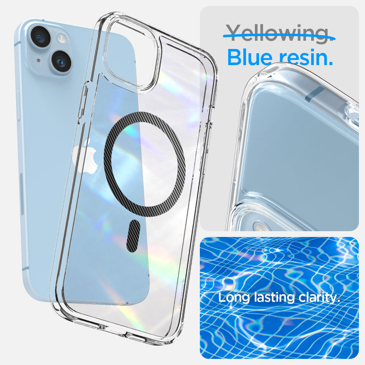 ACS05050 - iPhone 14 Case Ultra Hybrid (MagFit) in carbon fiber showing blue resin. Long lasting clarity.