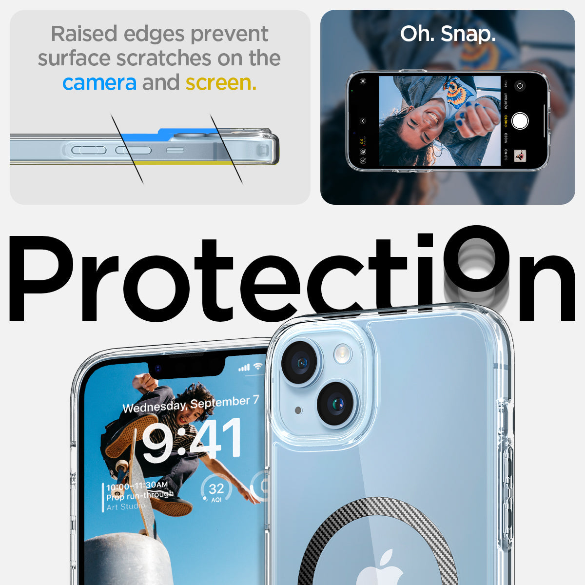 ACS05050 - iPhone 14 Case Ultra Hybrid (MagFit) in carbon fiber showing raised edges prevent surface scratches on the camera and screen. protection