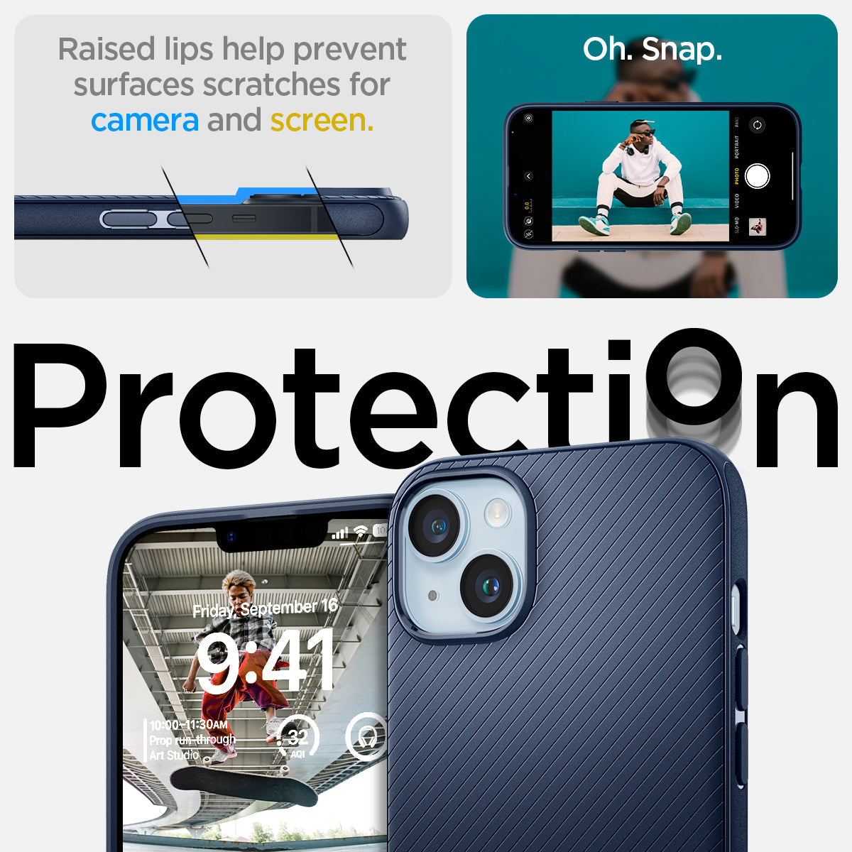 ACS04919 - iPhone 14 Plus Case Mag Armor (MagFit) in navy blue raised lips help prevent surfaces scratches for camera and screen. Oh snap. Protection.