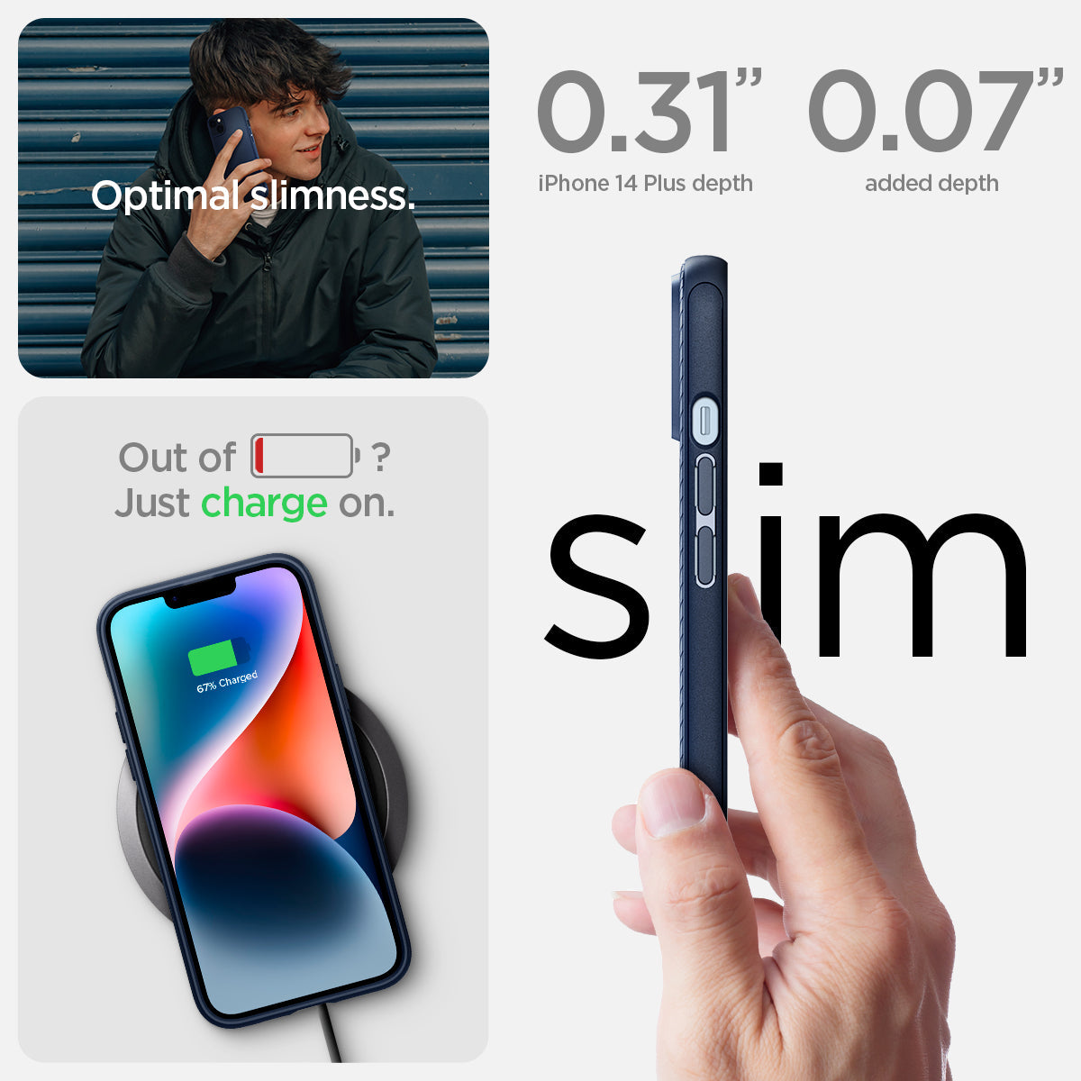 ACS04919 - iPhone 14 Plus Case Mag Armor (MagFit) in navy blue showing optimal slimness. Out of battery? Just charge on. Slim