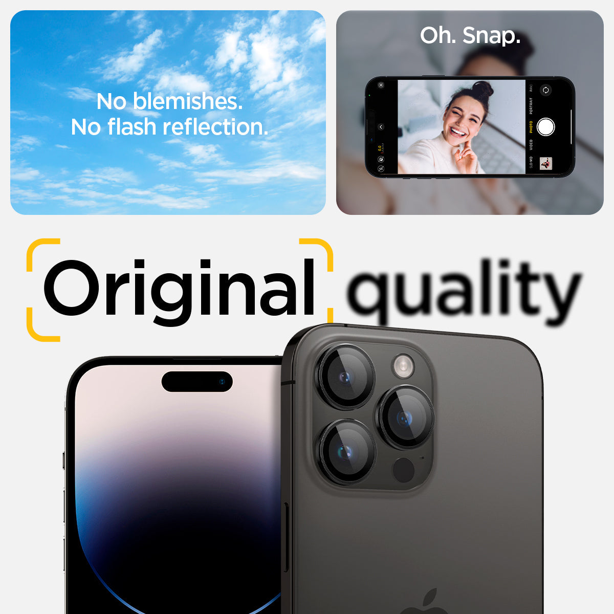 AGL05205 - iPhone 14 Pro / 14 Pro Max Optik Pro Lens Protector in black showing the no blemishes, no flash reflection oh, snap, original quality.