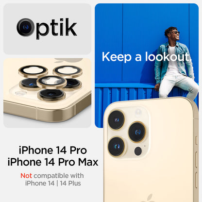 AGL05598 - iPhone 14 Pro / 14 Pro Max Optik Pro Lens Protector in gold keep a lookout showing the compatibility only with iPhone 14 pro, 14 pro max. Not compatible with iPhone 14, 14 plus.