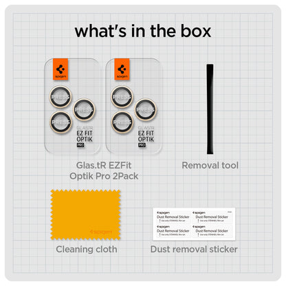 AGL05598 - iPhone 14 Pro / 14 Pro Max Optik Pro Lens Protector in gold what's in the box. Glas.tR EZFit Optik pro 2 pack, removal tool, cleaning cloth, dust removal sticker.