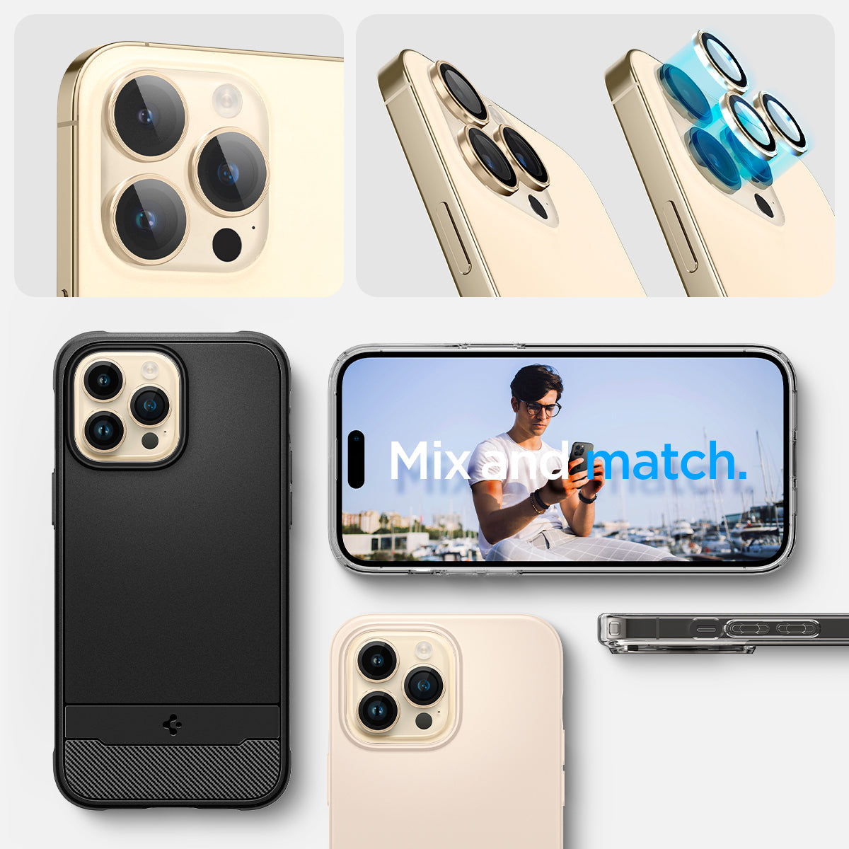 AGL05598 - iPhone 14 Pro / 14 Pro Max Optik Pro Lens Protector in gold showing the mix and match