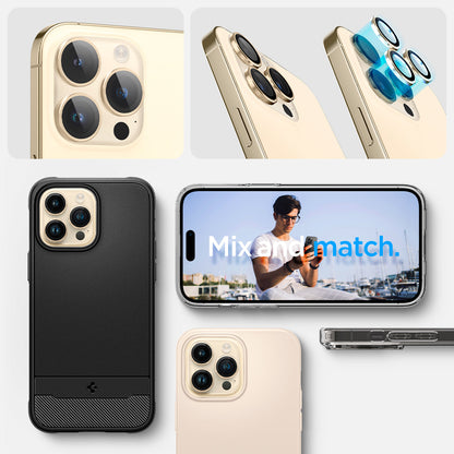 AGL05598 - iPhone 14 Pro / 14 Pro Max Optik Pro Lens Protector in gold showing the mix and match