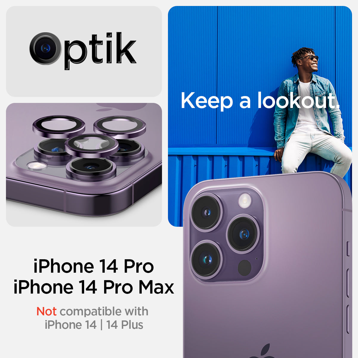 AGL05597 - iPhone 14 Pro / 14 Pro Max Optik Pro Lens Protector in deep purple keep a lookout showing the compatibility only with iPhone 14 pro, 14 pro max. Not compatible with iPhone 14, 14 plus.