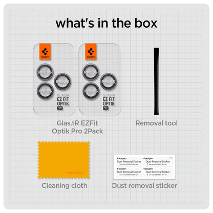 AGL05597 - iPhone 14 Pro / 14 Pro Max Optik Pro Lens Protector in deep purple what's in the box. Glas.tR EZFit Optik pro 2 pack, removal tool, cleaning cloth, dust removal sticker.