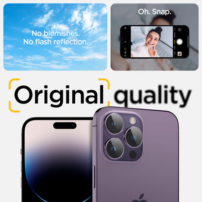 AGL05597 - iPhone 14 Pro / 14 Pro Max Optik Pro Lens Protector in deep purple showing the no blemishes, no flash reflection oh, snap, original quality.