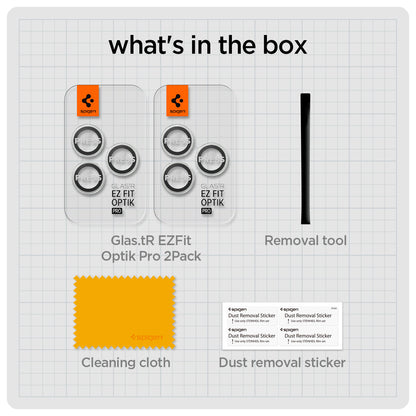 AGL05599 - iPhone 14 Pro / 14 Pro Max Optik Pro Lens Protector in silver what's in the box. Glas.tR EZFit Optik pro 2 pack, removal tool, cleaning cloth, dust removal sticker.