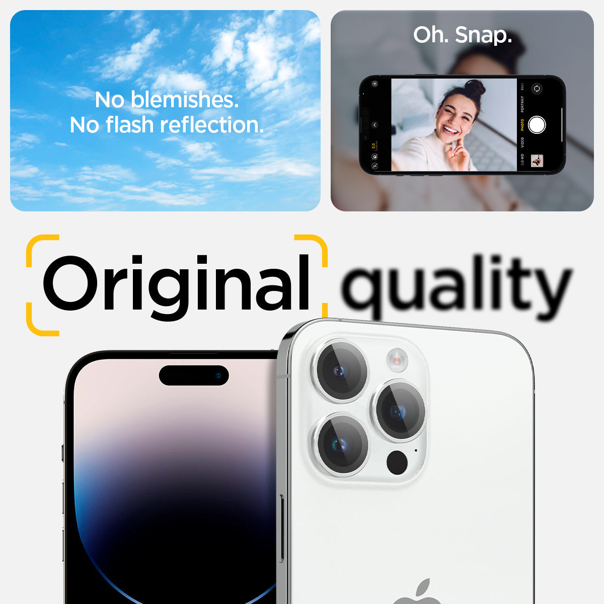 AGL05599 - iPhone 14 Pro / 14 Pro Max Optik Pro Lens Protector in silver showing the no blemishes, no flash reflection oh, snap, original quality.