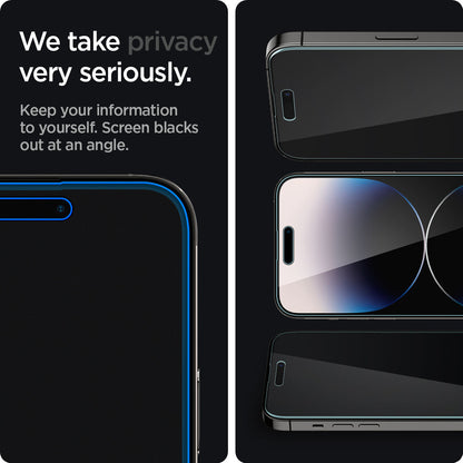 AGL05215 - iPhone 14 Pro Screen Protector EZ FIT GLAS.tR Privacy showing we take privacy very seriously. Keep your information to yourself. Screen blacks out at an angle.