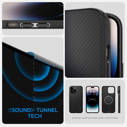 ACS04989 - iPhone 14 Pro Case Mag Armor (MagFit) in matte black showing sound tunnel tech