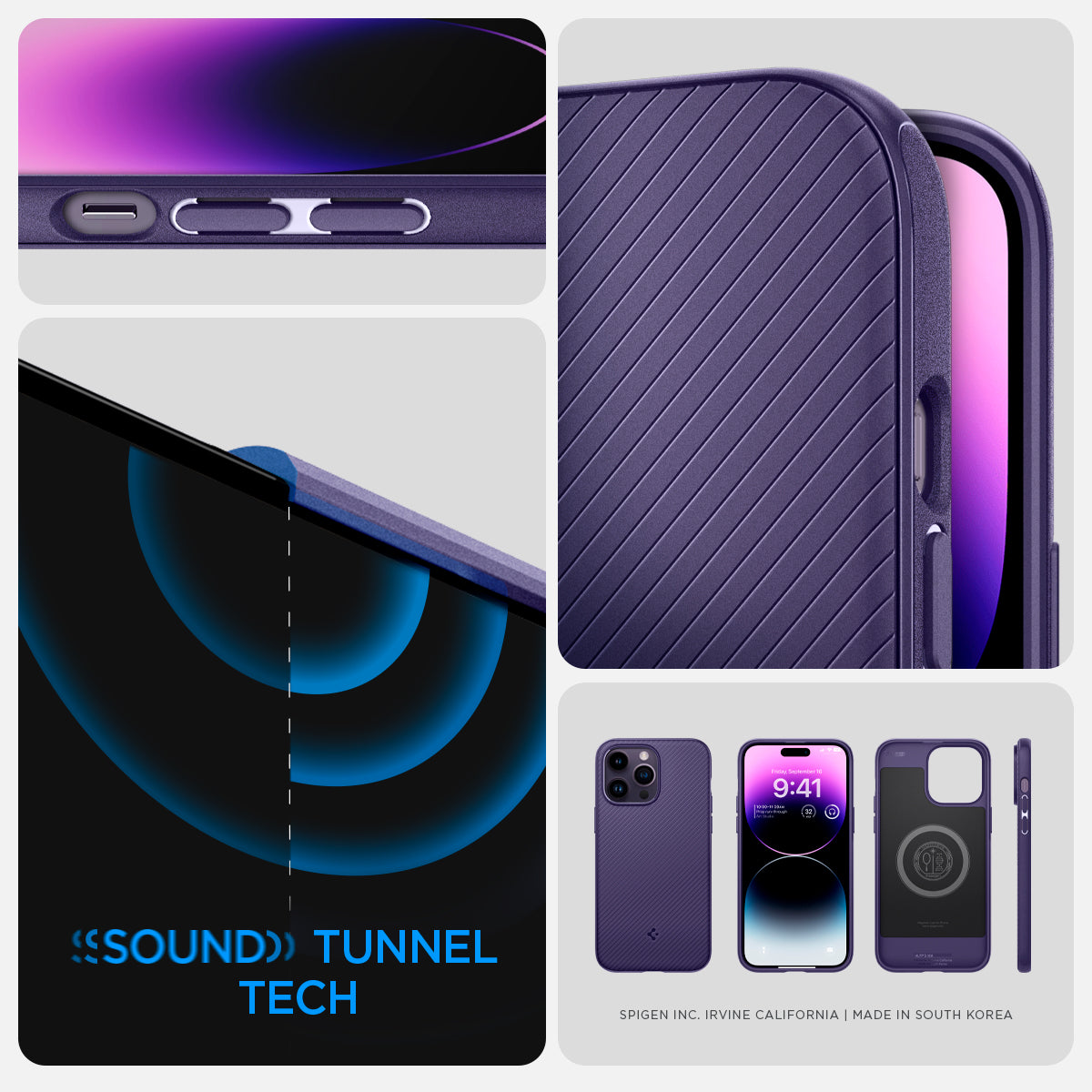 ACS05588 - iPhone 14 Pro Case Mag Armor (MagFit) in deep purple showing sound tunnel tech