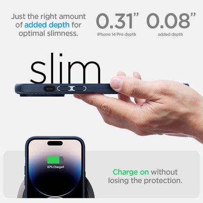 ACS04990 - iPhone 14 Pro Case Mag Armor (MagFit) in navy blue just the right amount of added depth for optimal slimness. Charge on without losing the protection.