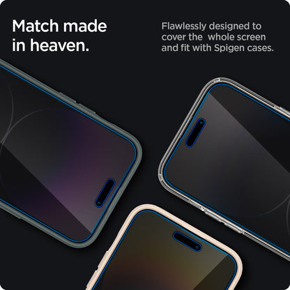 AGL05203 - iPhone 14 Pro Max Screen Protector EZ FIT GLAS.tR Privacy showing match made in heaven. Flawlessly designed to cover the whole screen and fit with spigen cases.