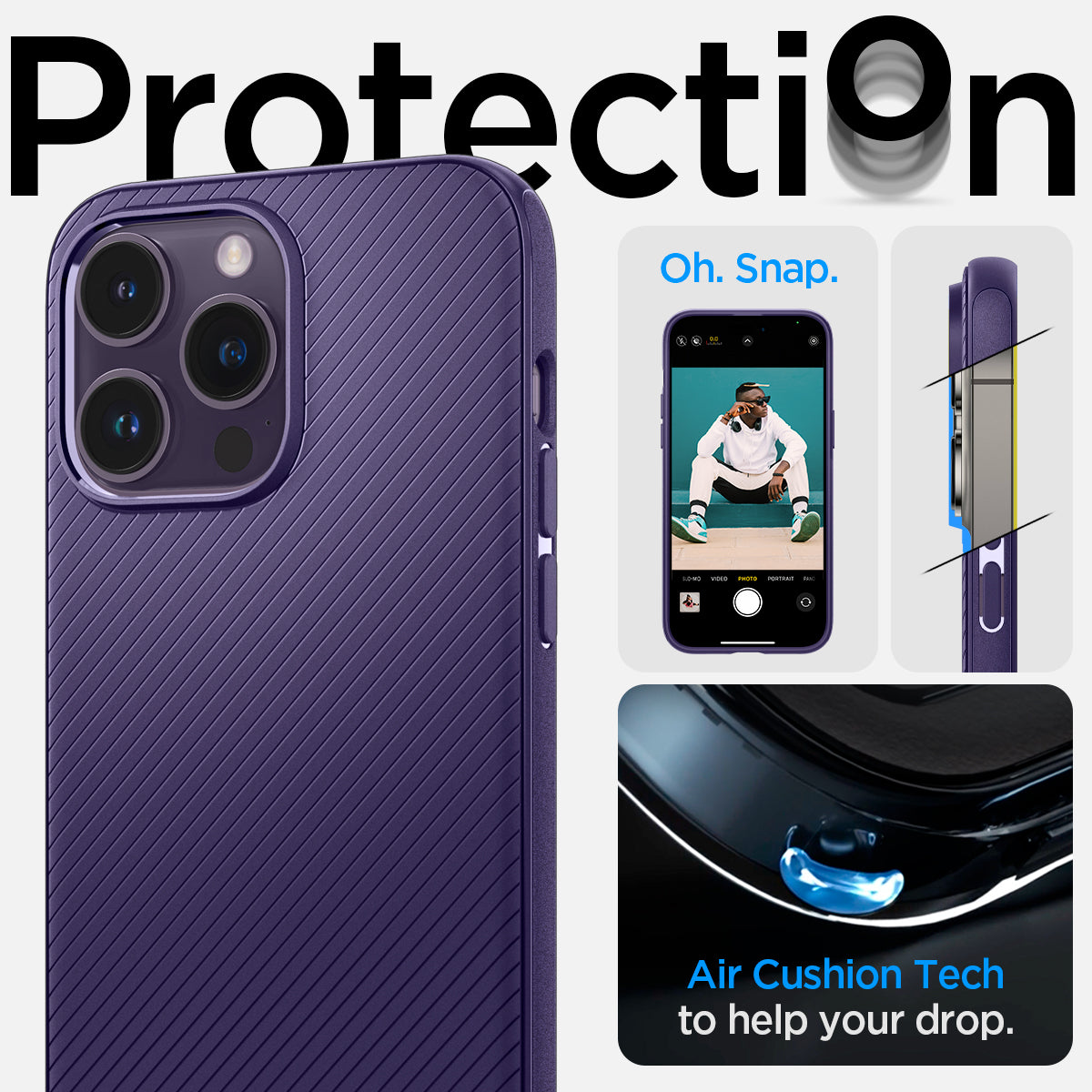 ACS05584 - iPhone 14 Pro Max Case Mag Armor (MagFit) in deep purple showing protection. Oh snap. Air cushion tech to fight against drops.