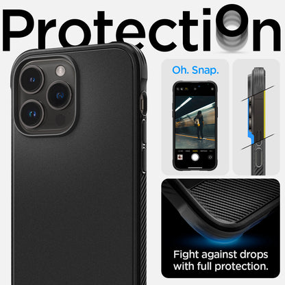 ACS04812 - iPhone 14 Pro Max Case Rugged Armor (MagFit) in matte black showing protection. Oh, snap. Air cushion tech to fight against drops.