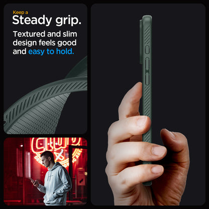 ACS06706 - iPhone 15 Pro Case Liquid Air in abyss green showing the steady grip. Textured and slim design feels good and easy to hold